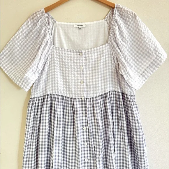 Madewell Patchwork Gingham Button-Front Tiered Midi Dress Size M - Picture 7 of 12